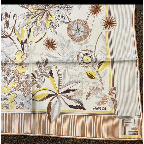 Fendi Scarf Logo & Floral Print 100% Silk Yellow Browns & White Scarf NWT - Picture 3 of 6